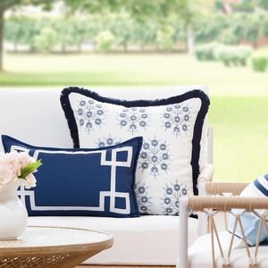 Premium Coastal Throw Pillow Cover 20x20 Blue & White Embroidered Floral Fringe